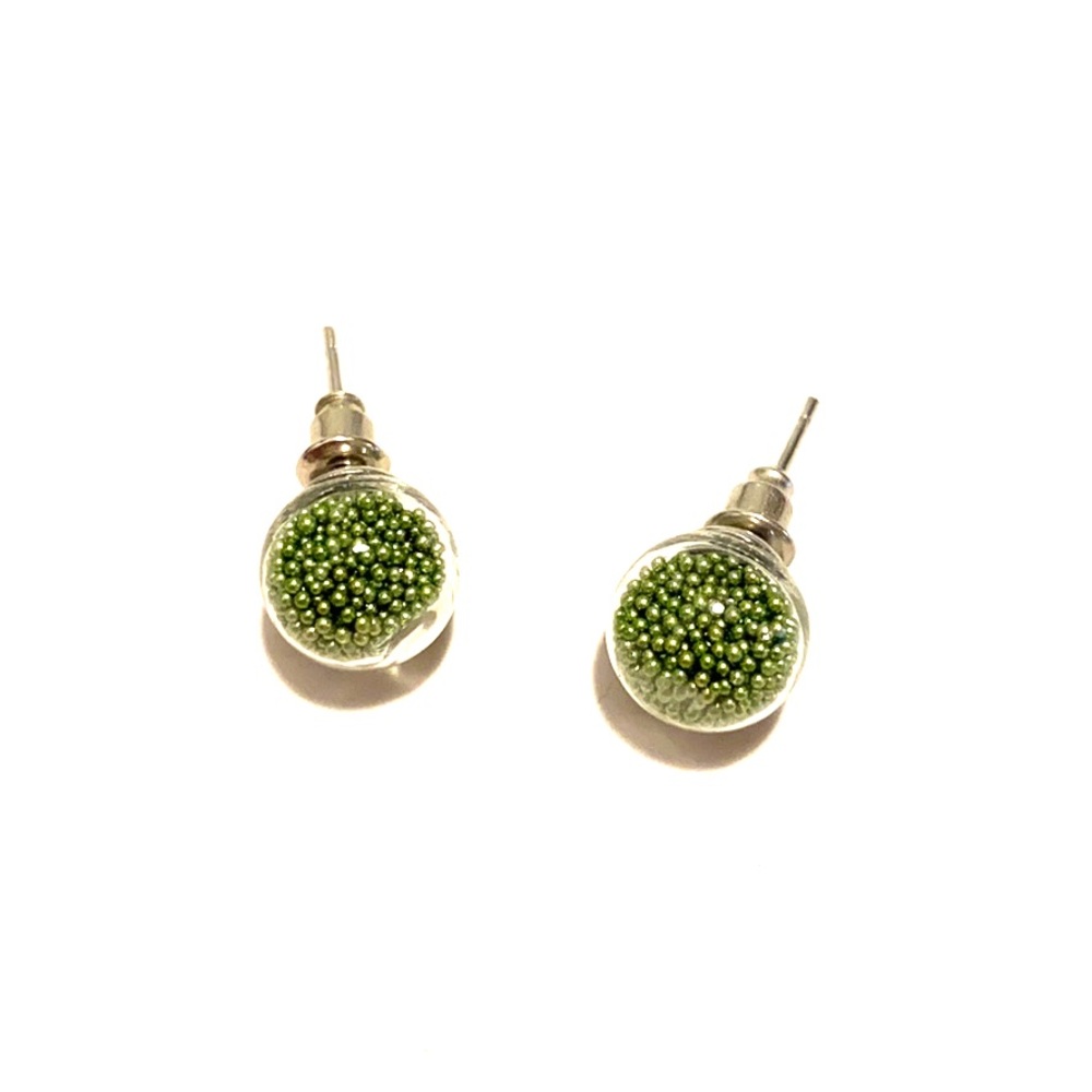Green Bead Glass Stud Earrings